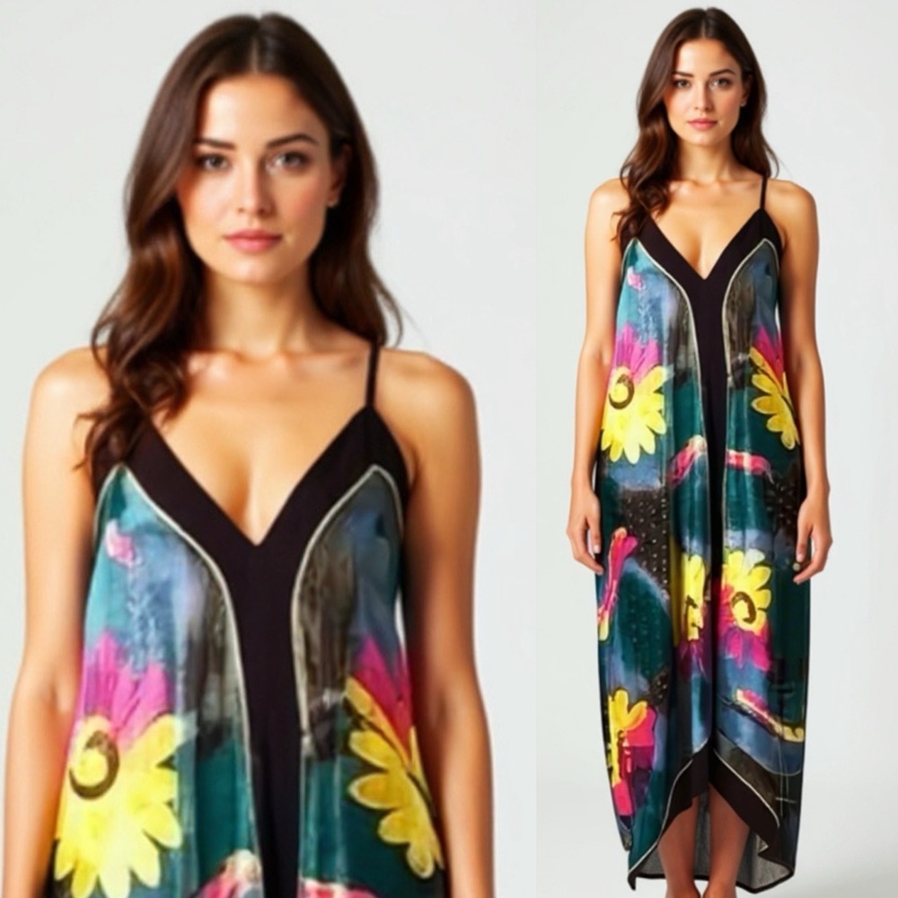 Point Women's Flowy Floral Satin Bohemian Maxi Slip On Dress Size Large